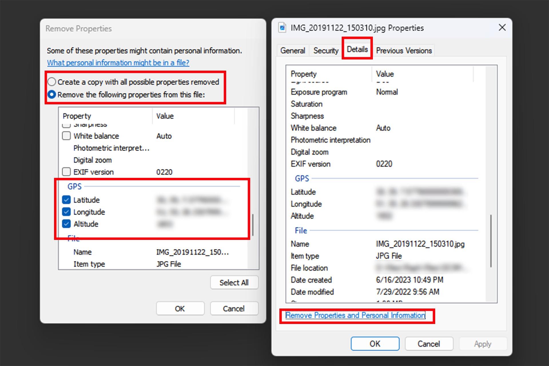 The Properties section of a photo in Windows and the option to remove location data