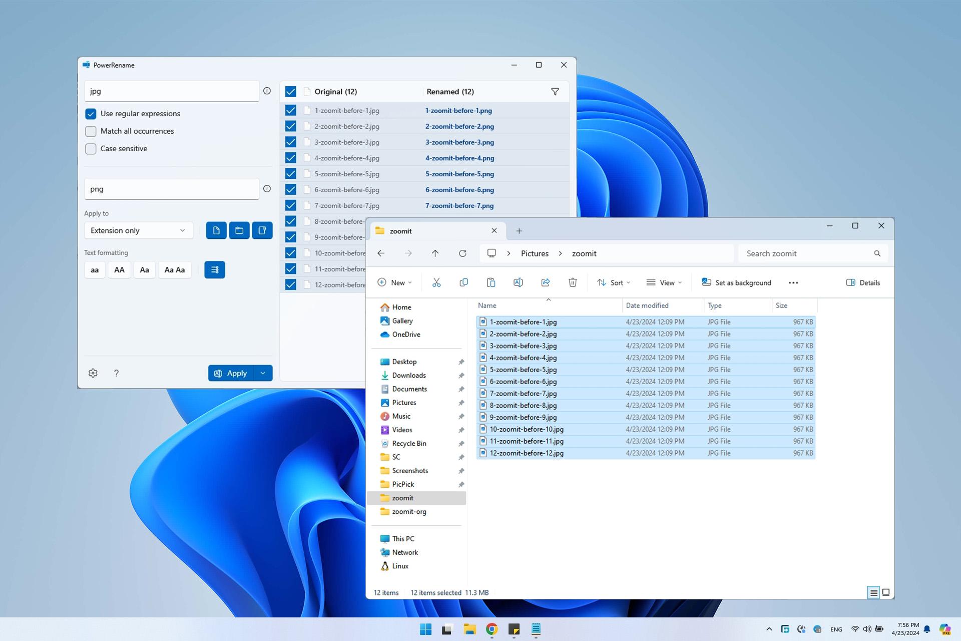 پنجره‌ی فایل اکسپلورر با فایل‌های انتخاب شده جلو پنجره‌ی ابزار PowerRename