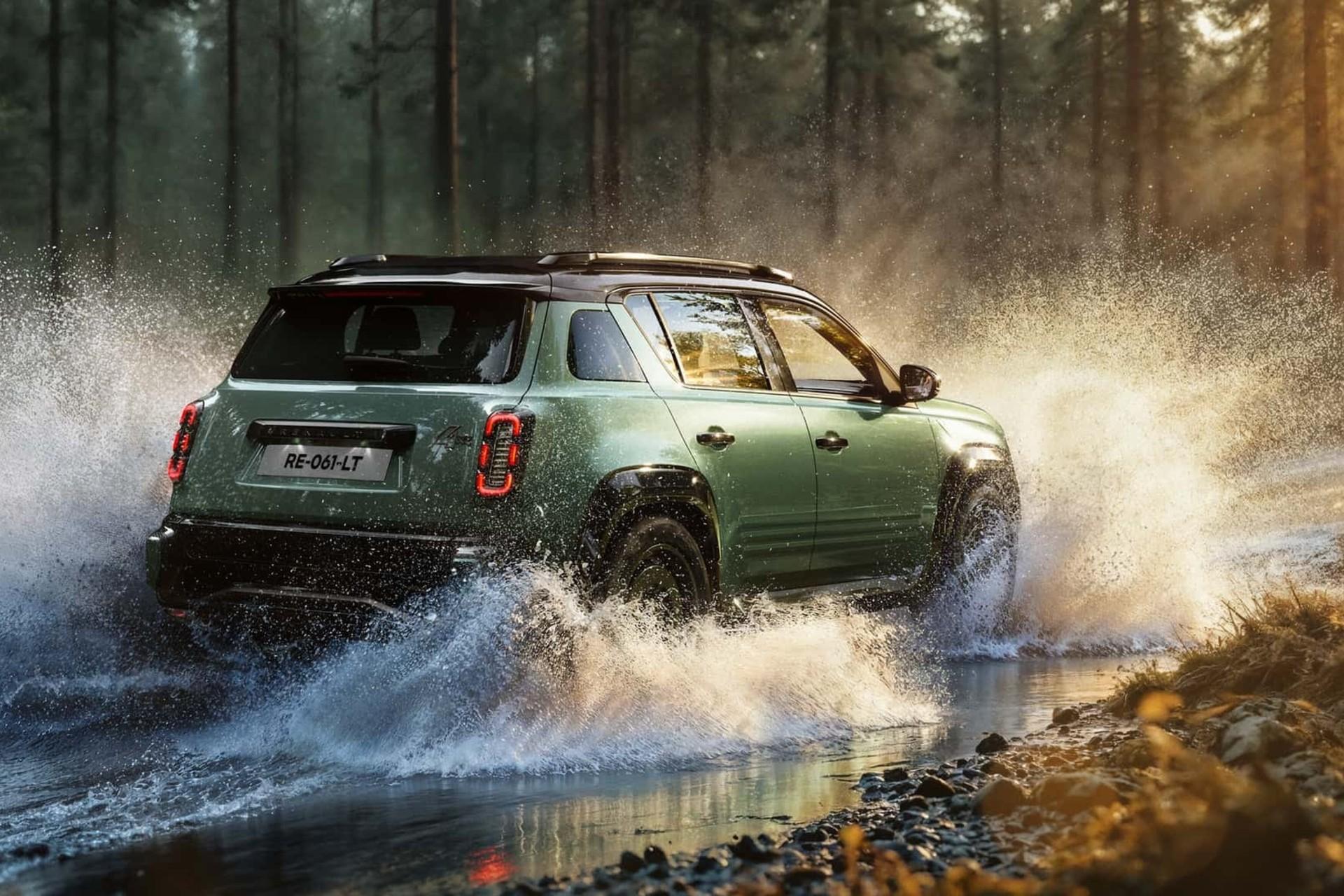 نمای سه‌چهارم عقب خودرو رنو Savane 4x4 در آب