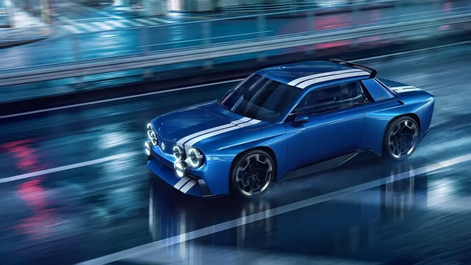 خودروی رنو ۸ گوردینی (Renault 8 Gordini) آبی با خطوط سفید در جاده