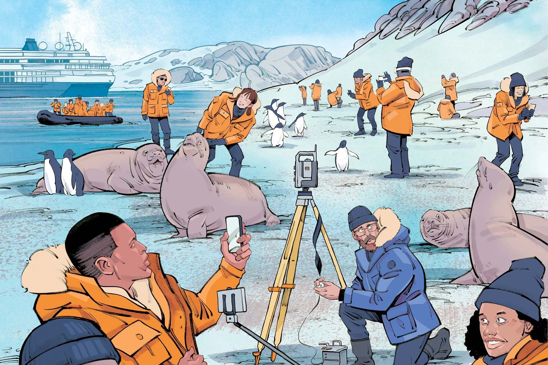 تصویرسازی از پژوهشگران در جنوبگان درحال انجام کارهای مختلف