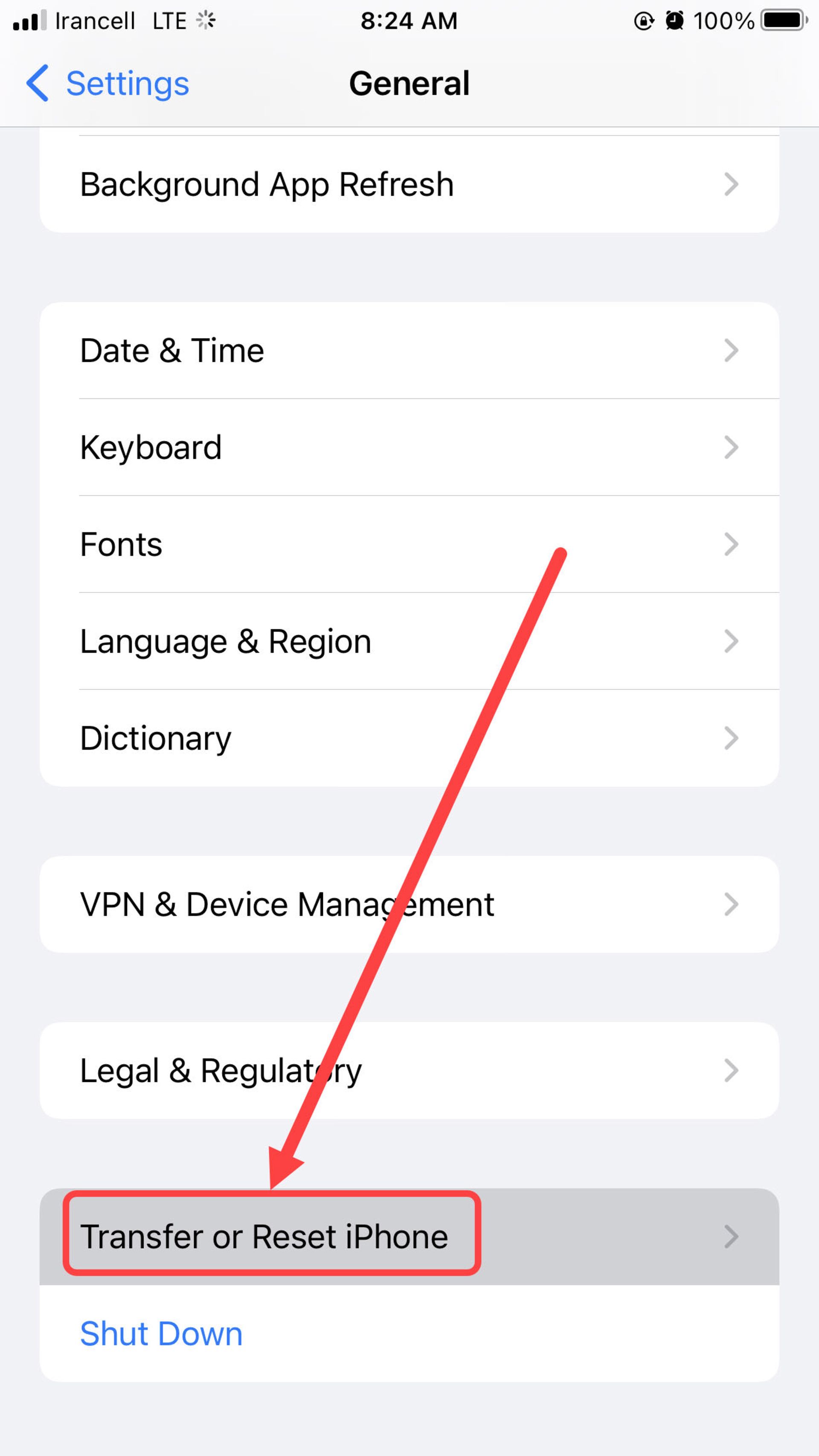 محیط برنامه تنظیمات شبکه در گوشی آیفون