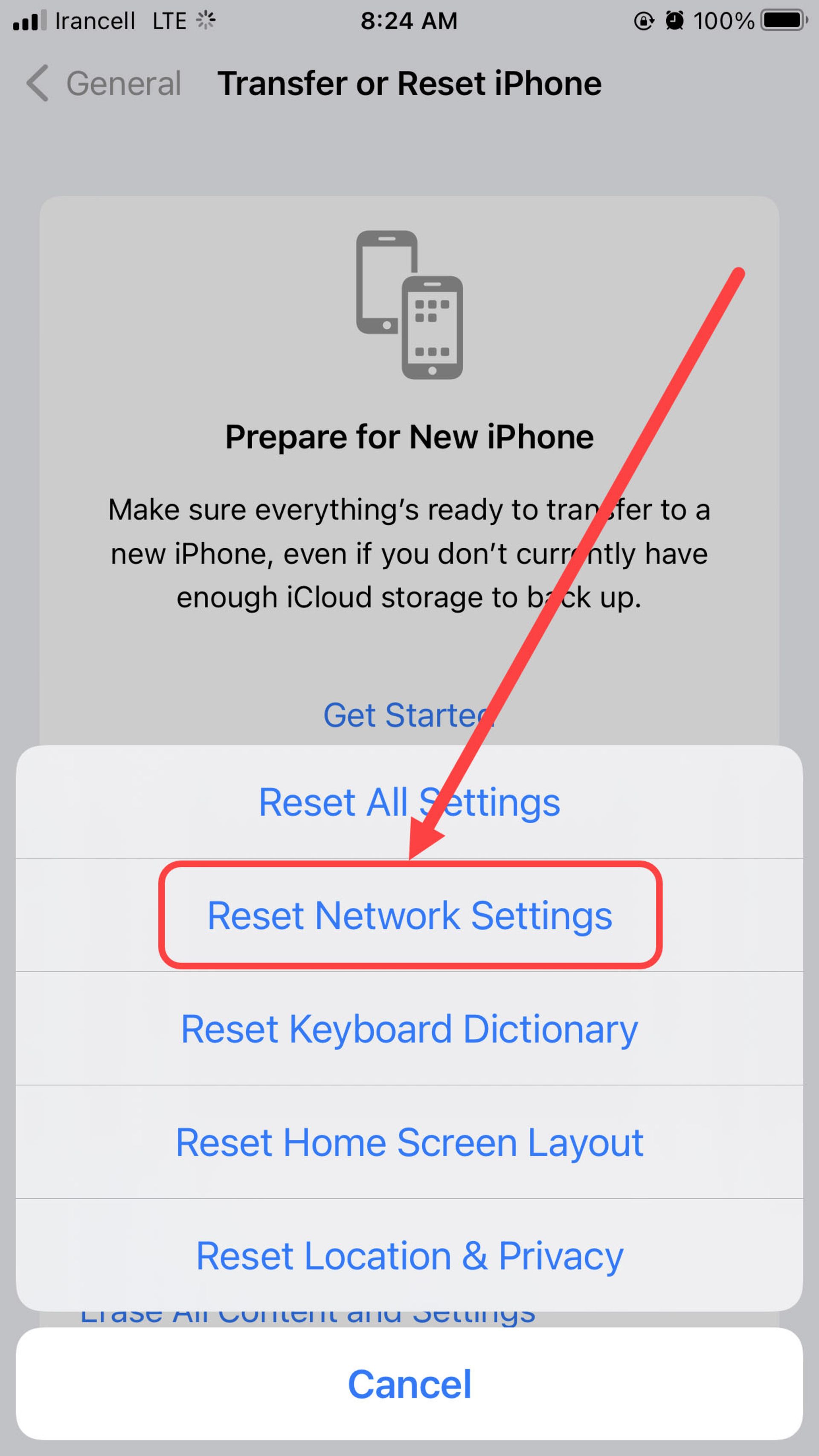 محیط برنامه تنظیمات شبکه در گوشی آیفون