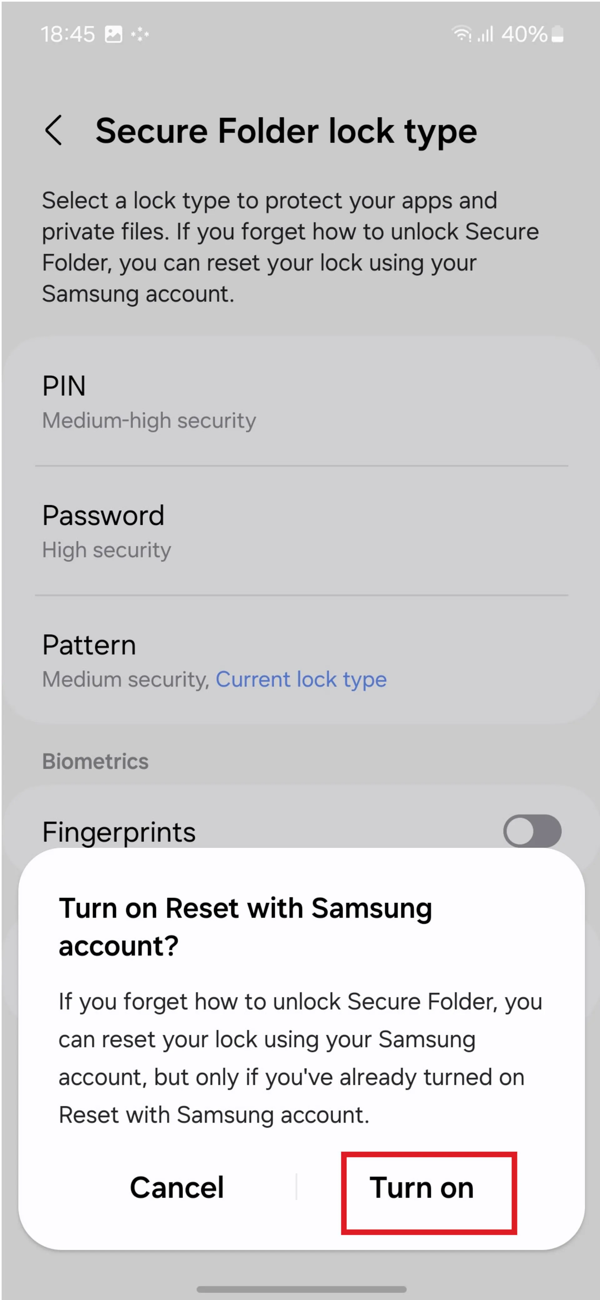 پنجره‌ی پاپ اپ Reset with samsung account