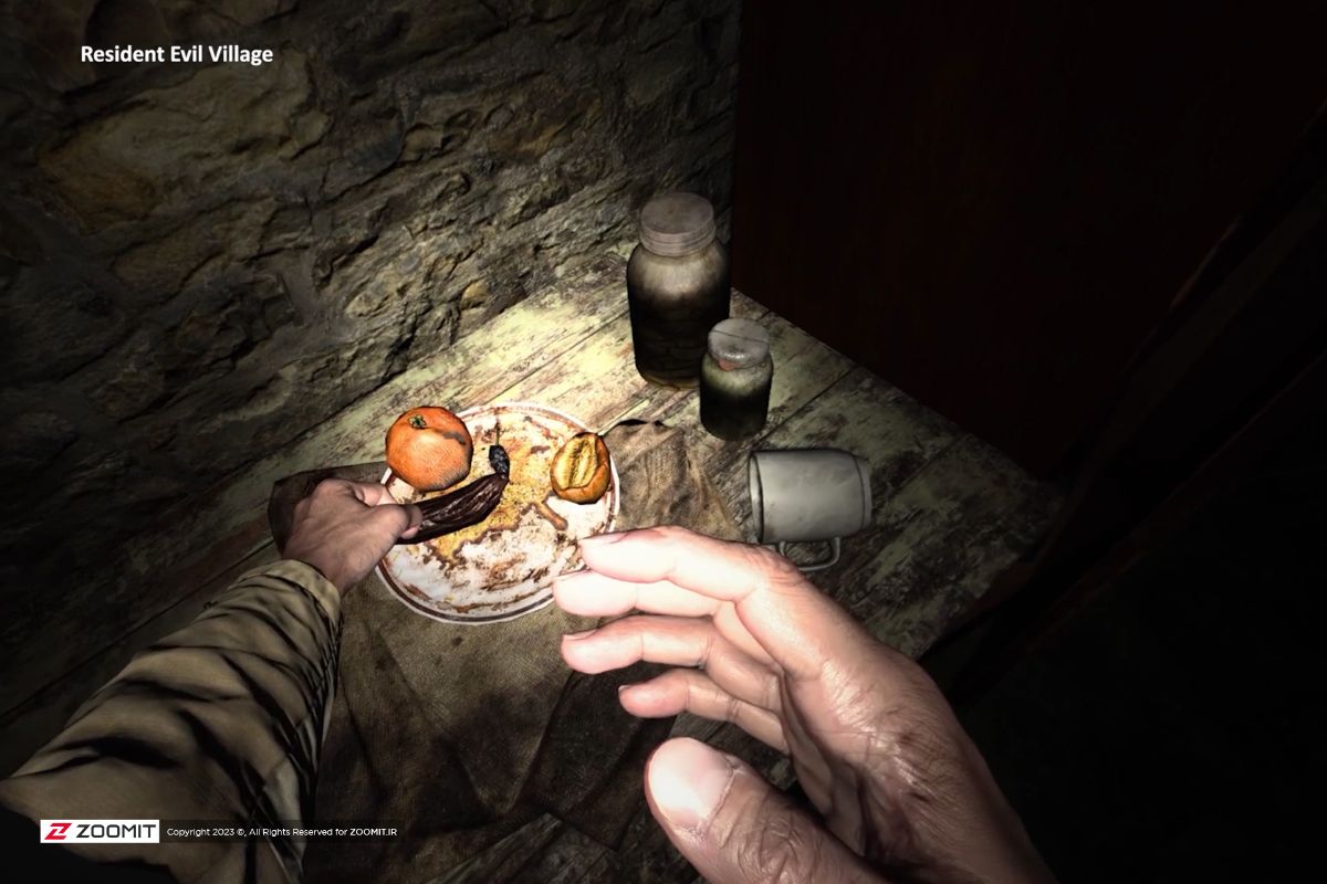 A view of rotten food in the virtual reality game Resident Evil Village