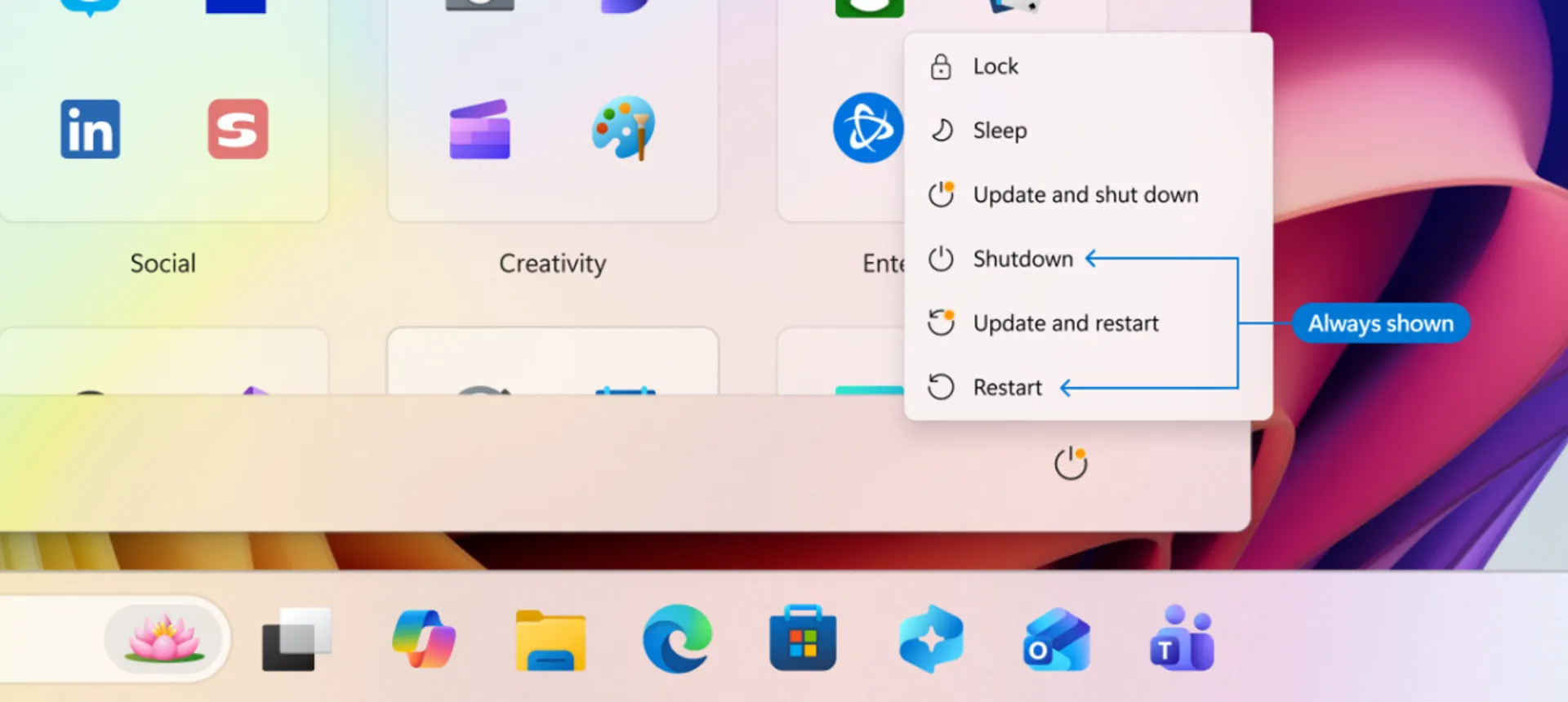 آپشن‌های ری‌استارت و خاموش‌کردن بدون نیاز به آپدیت ویندوز