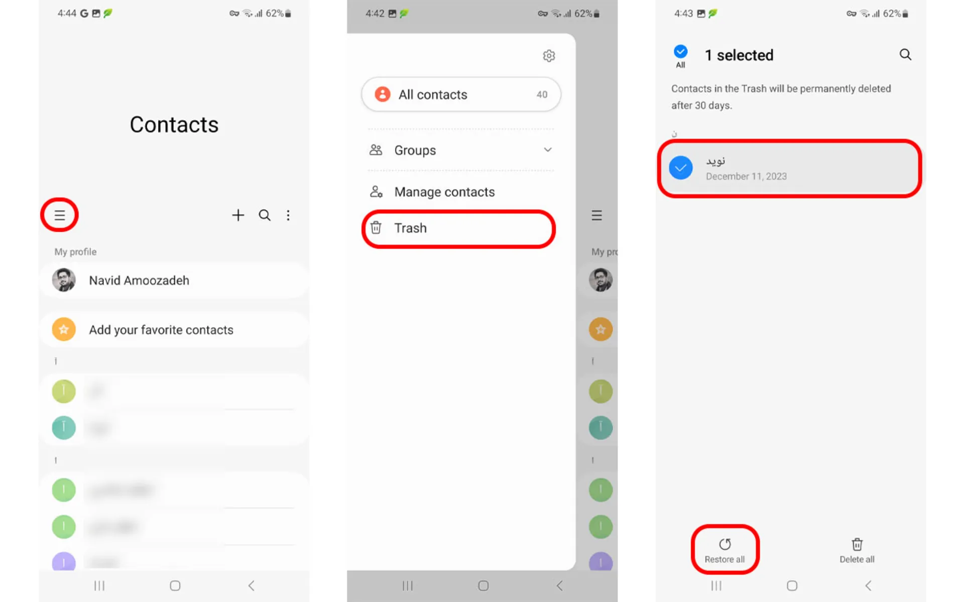 بازیابی مخاطب حذف شده از طریق اپلیکیشن Contacts سامسونگ