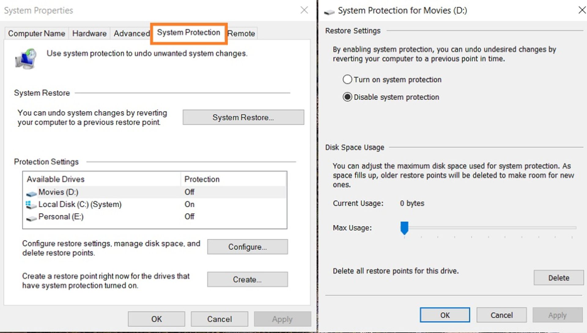 کاهش حجم اشغال‌شده‌ی System Restore