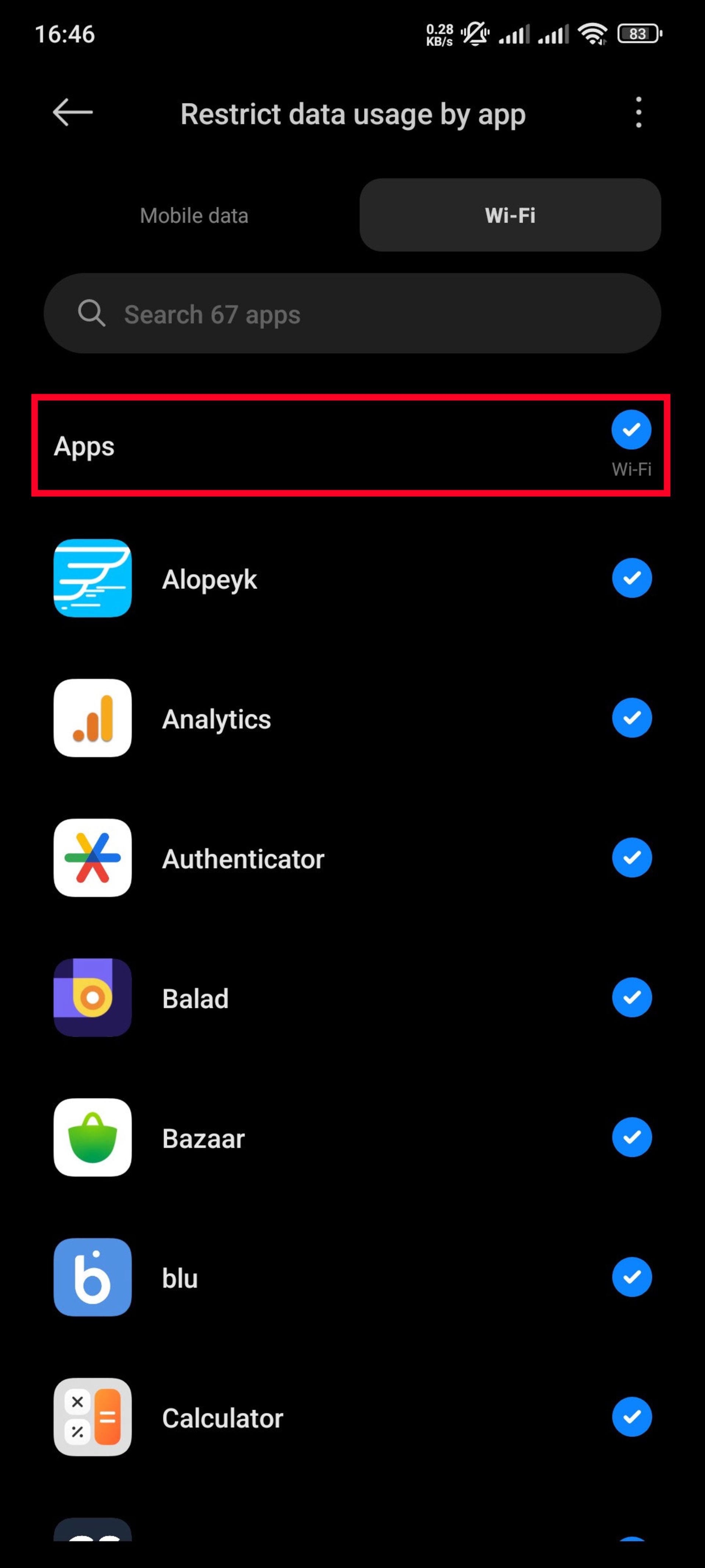 منوی Restrict data usage by app