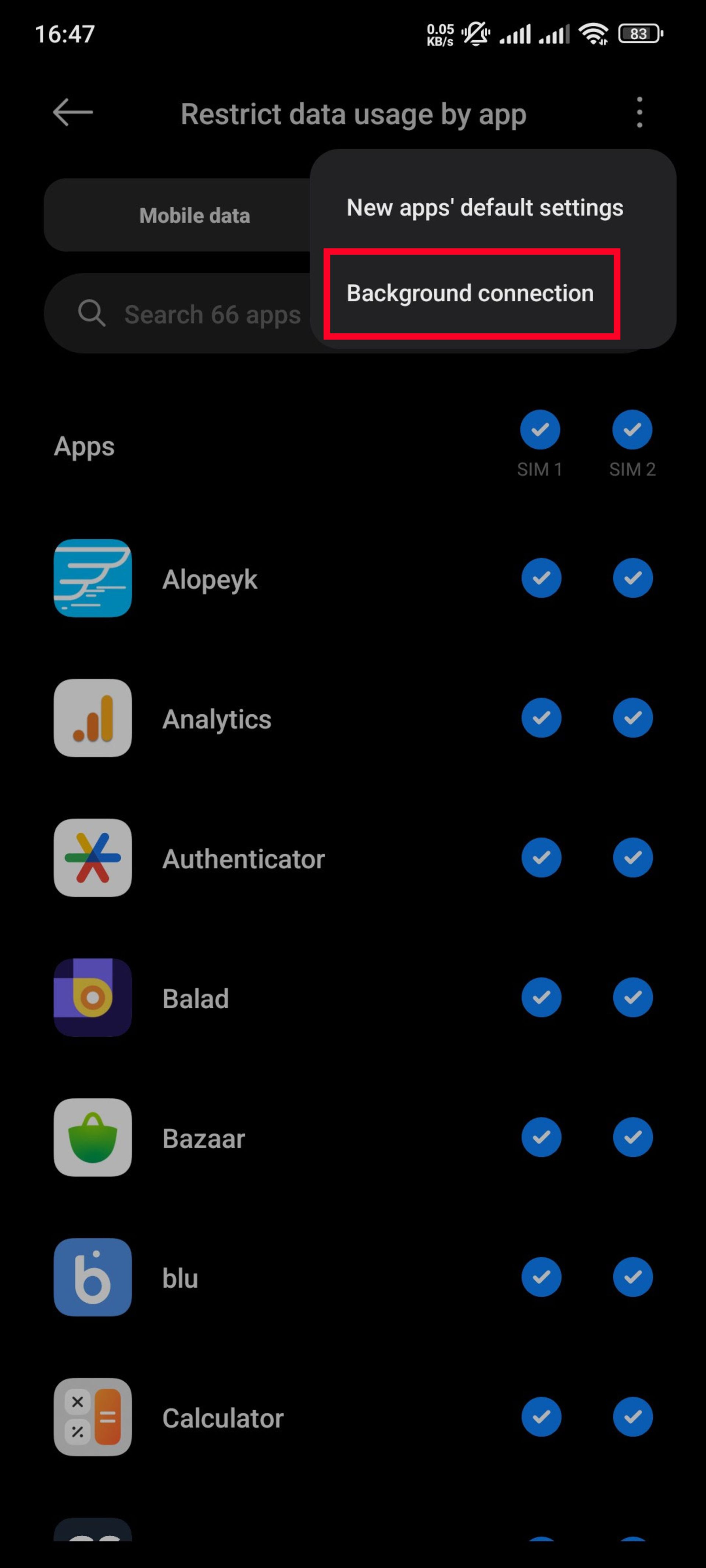 منوی Restrict data usage by app