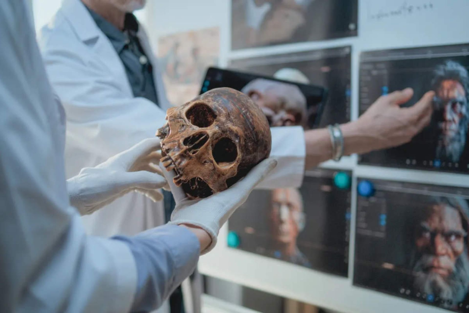 جمجمه یک نئاندرتال در دست یک محقق در آزمایشگاه