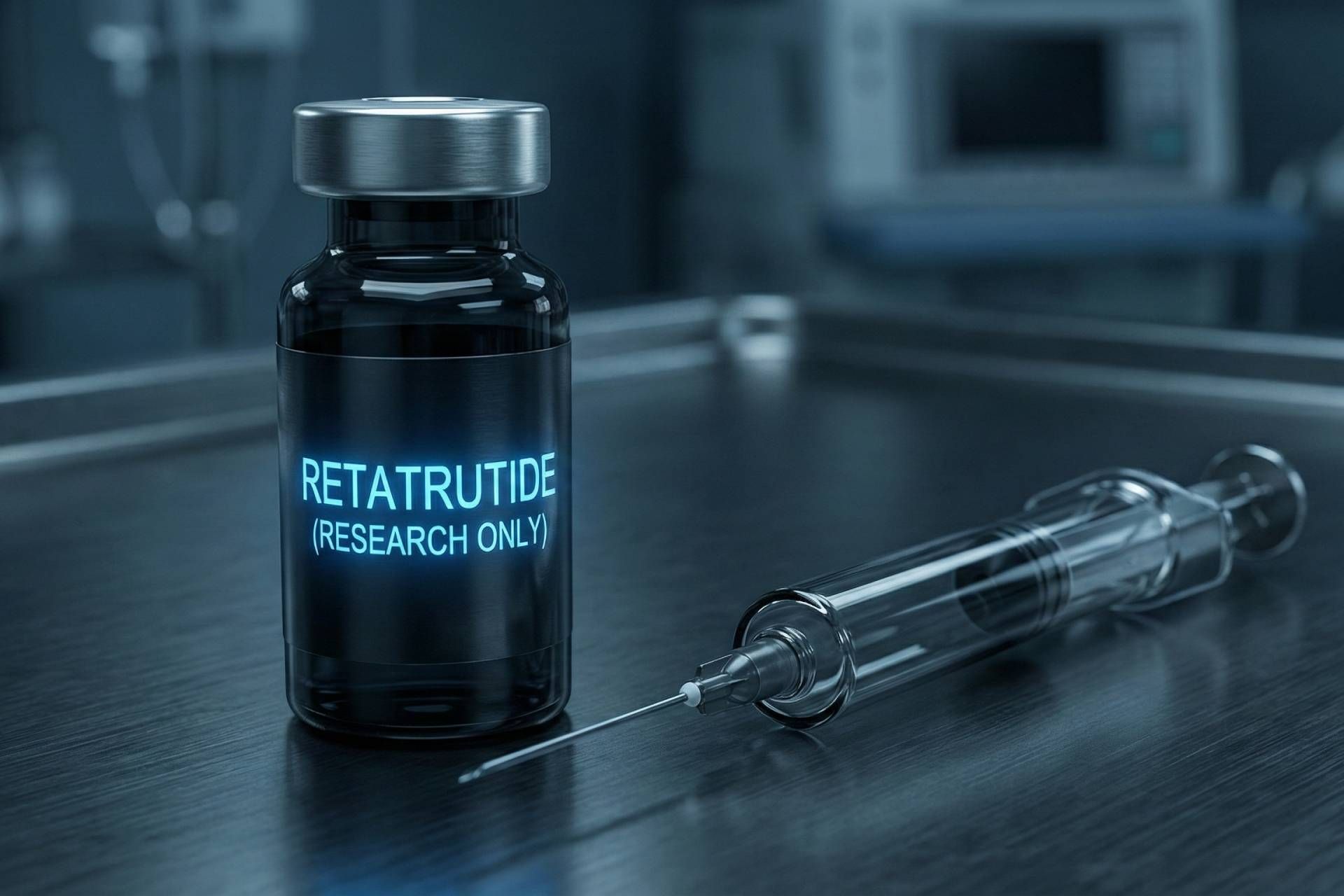 شیشه کوچک، شیک و آینده‌نگر با برچسب «رتاتروتاید (فقط تحقیقاتی)» در پس‌زمینه‌ای تاریک و بالینی، به همراه سرنگی که در کنار آن قرار دارد.