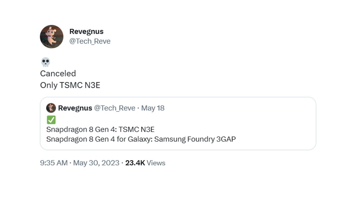 توییت revegnus در رابطه با همکاری کوالکام و TSMC در ساخت تراشه اسنپدراگون ۸ نسل ۴