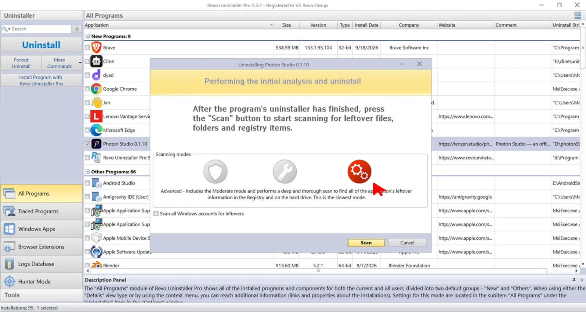 نرم‌افزار Revo Uninstaller (Revo Uninstaller Pro) در حال اسکن فایل‌های باقی‌مانده از برنامه Photon Studio