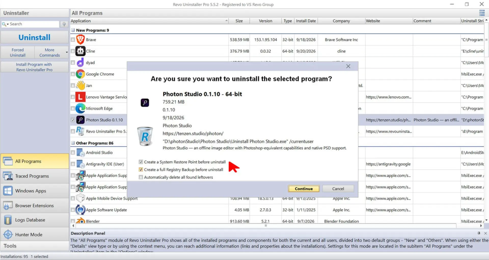 پنجره تأیید حذف برنامه Photon Studio در نرم‌افزار Revo Uninstaller Pro