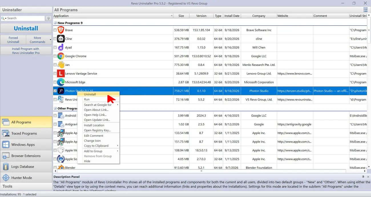 فهرست برنامه‌های نصب شده در نرم‌افزار Revo Uninstaller (Revo Uninstaller Pro) برای حذف