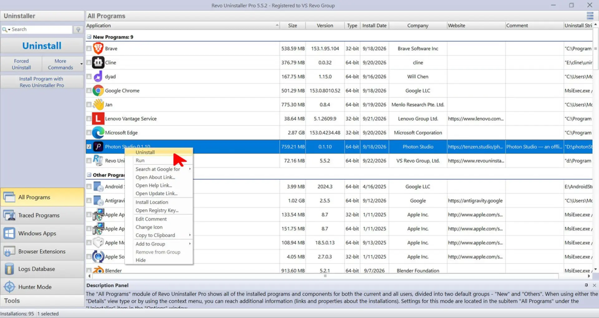 فهرست برنامه‌های نصب شده در نرم‌افزار Revo Uninstaller (Revo Uninstaller Pro) برای حذف