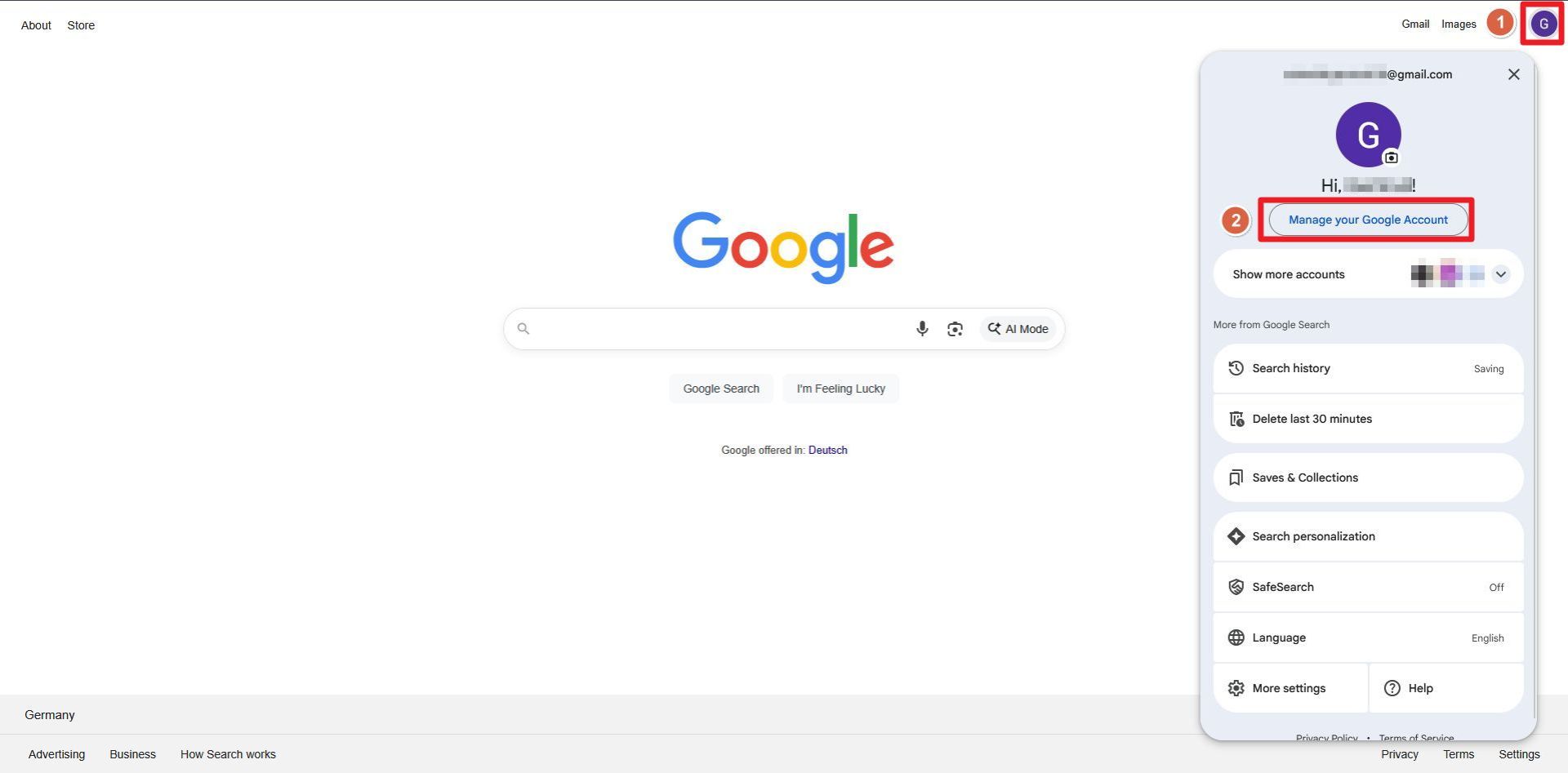 انتخاب گزینه‌ی Manage Google account در صفحه‌ی اصلی گوگل