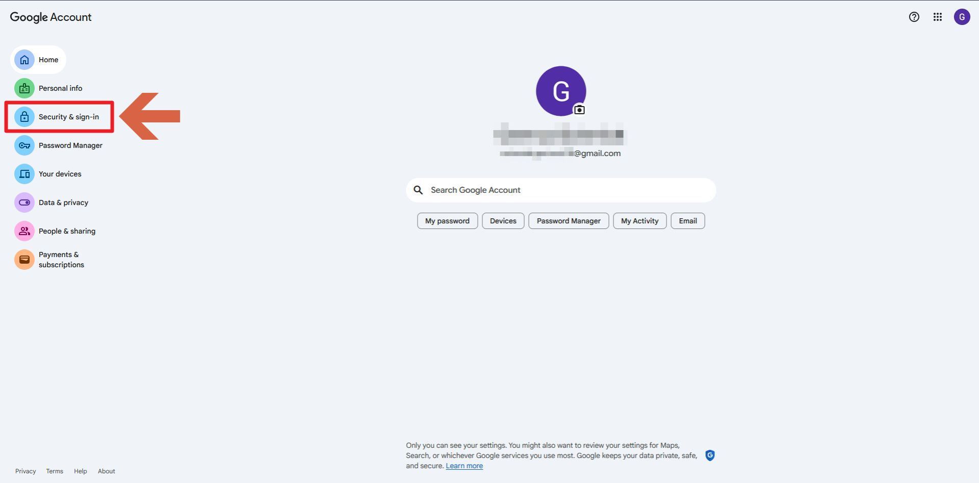 انتخاب گزینه‌ی Security در بخش مدیریت حساب گوگل