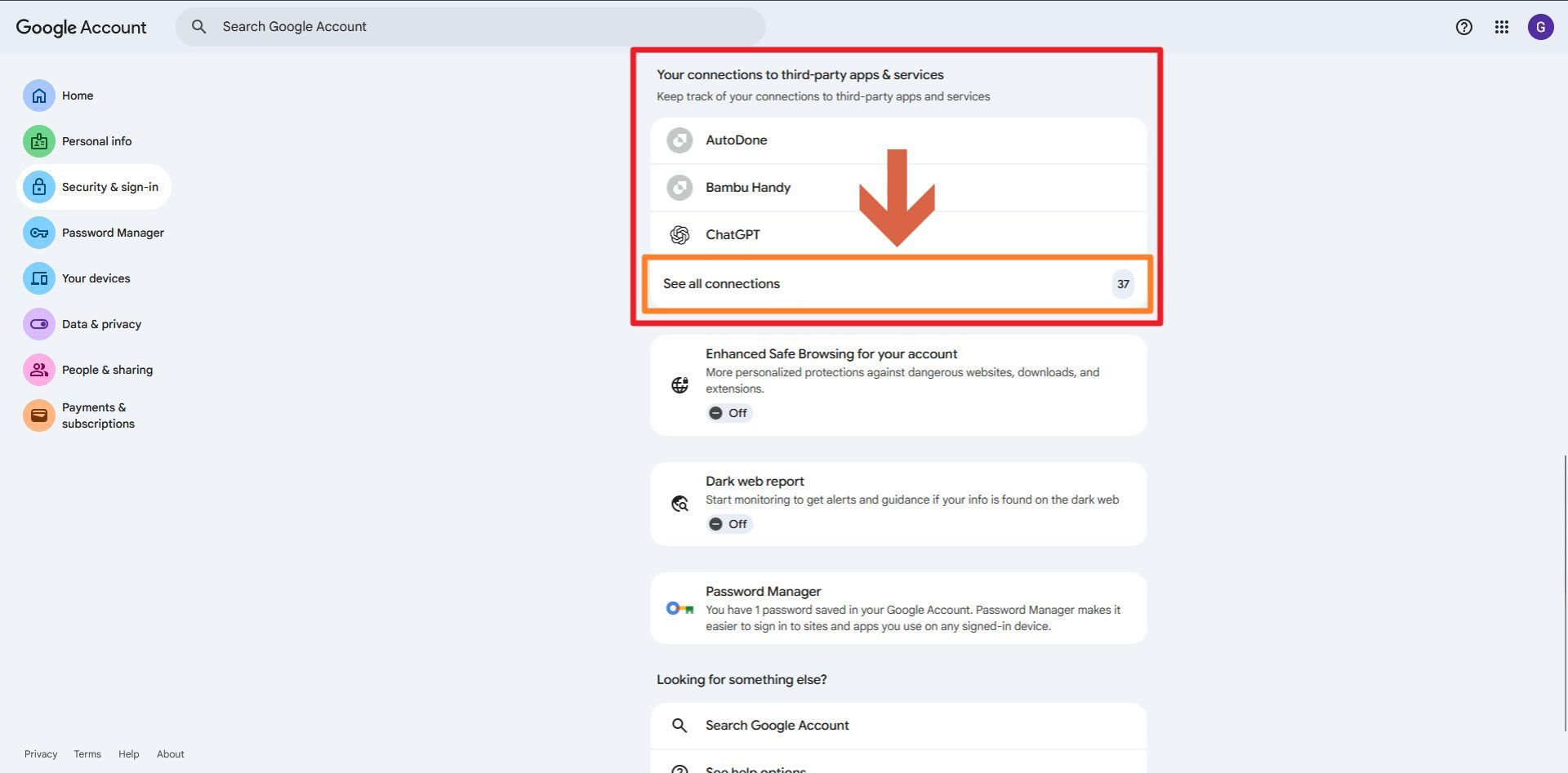 انتخاب گزینه‌ی See all connections در بخش security مدیریت حساب گوگل
