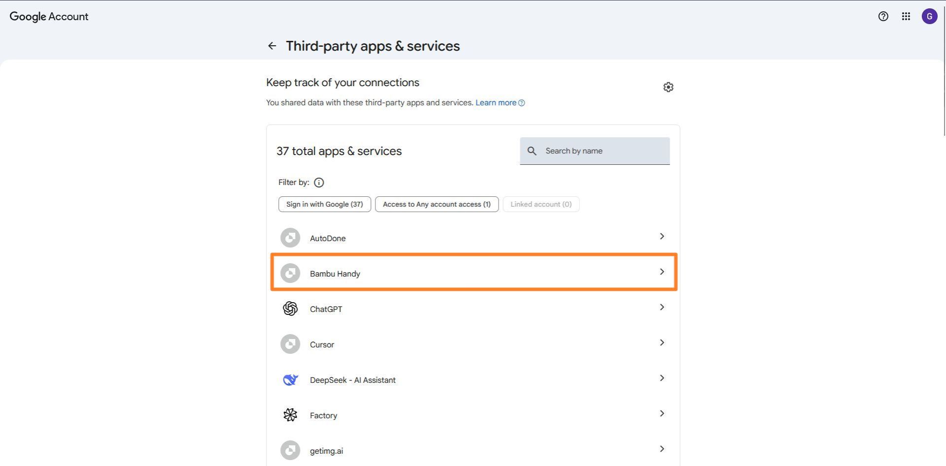 انتخاب یکی از برنامه‌ها در بخش third party apps and services