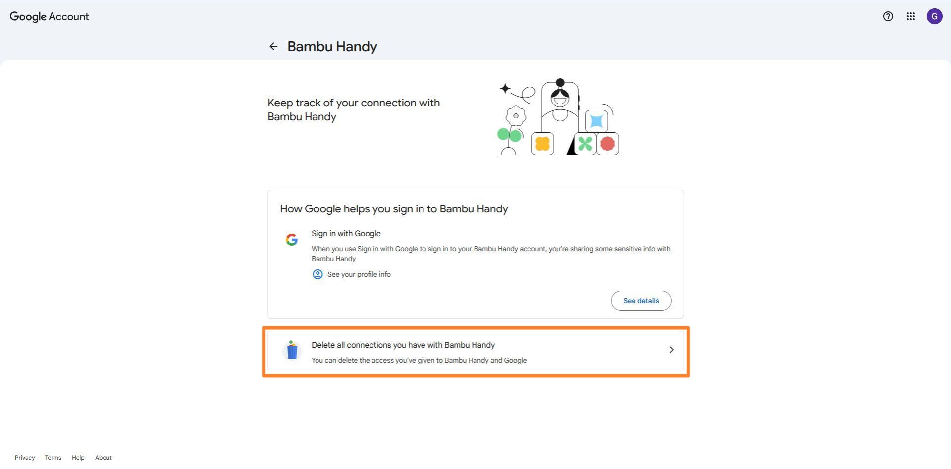 انتخاب گزینه‌ی delete all connection with ... برای یک برنامه در بخش مدیریت حساب گوگل