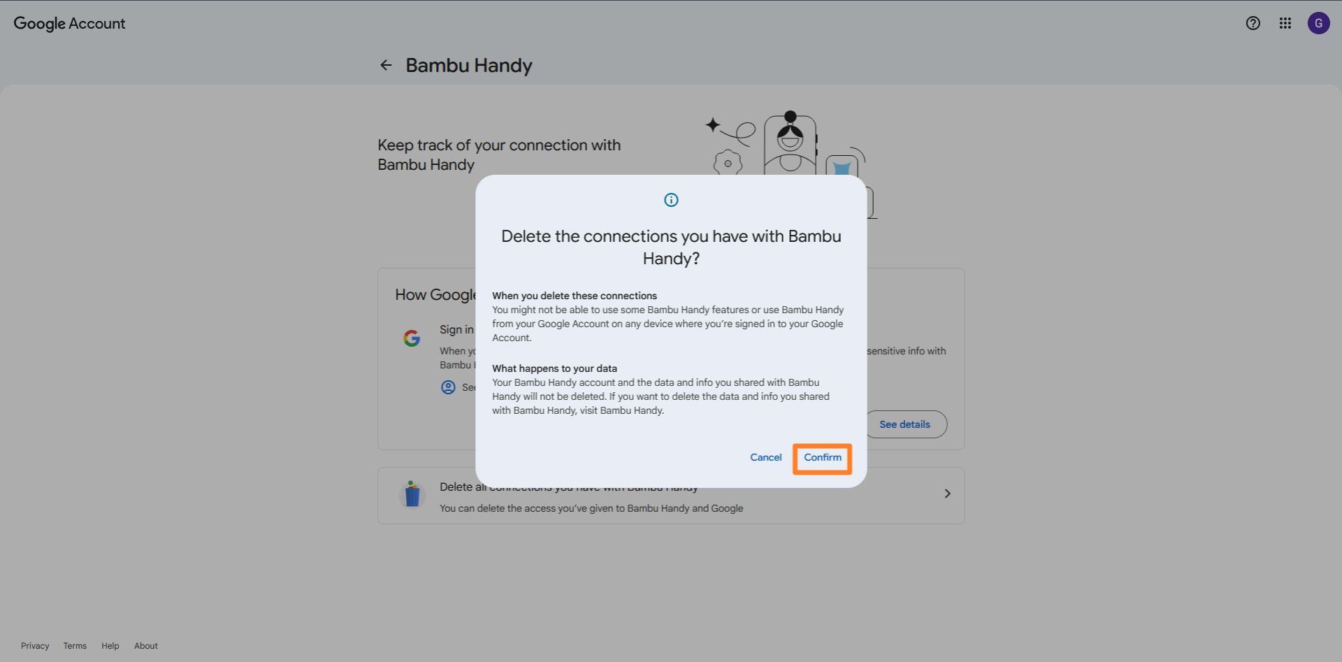 انتخاب گزینه‌ی Confrim برای حذف اتصال برنامه شخص ثالث به حساب گوگل