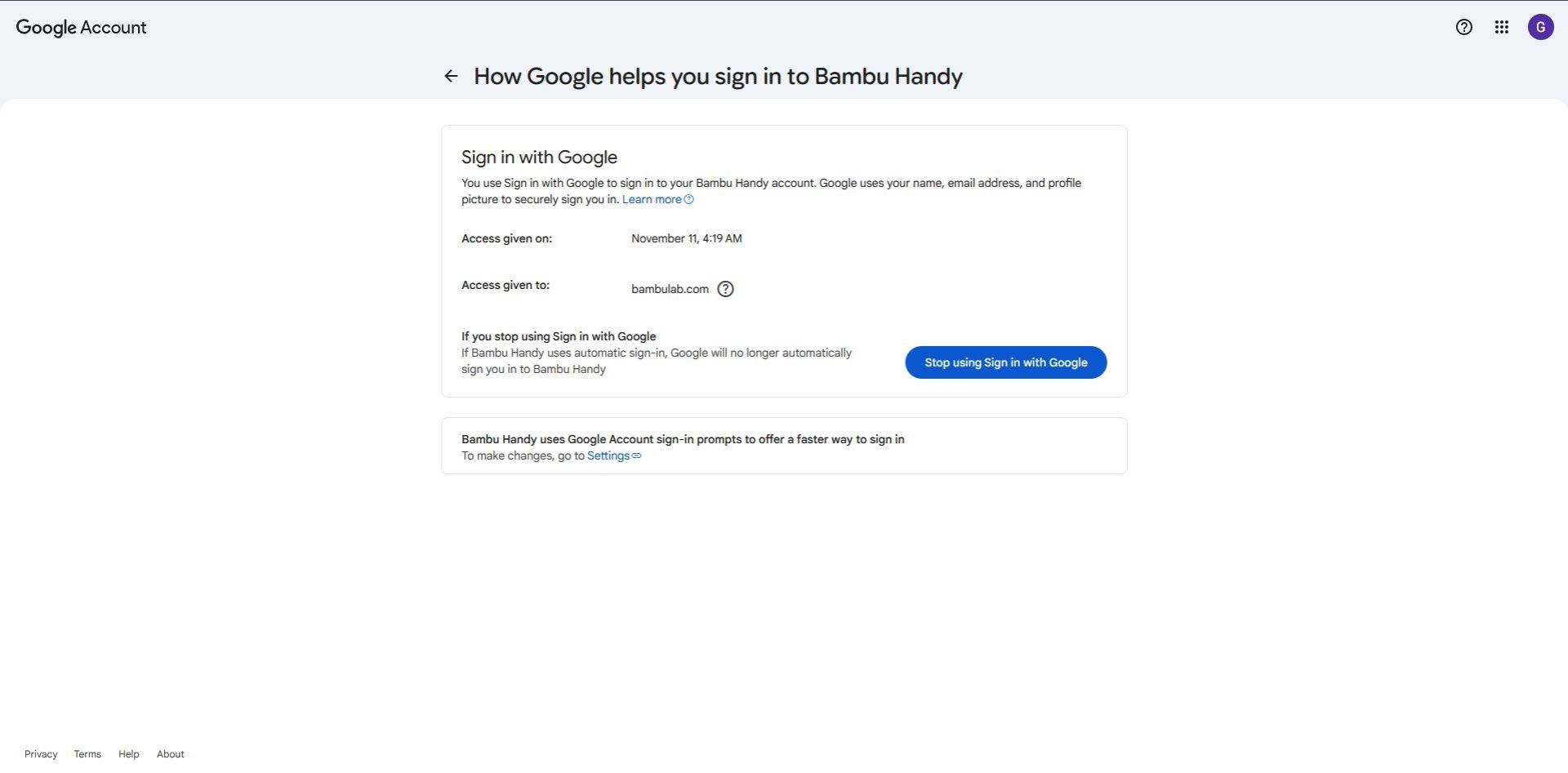 بخش جزئیات اتصال برنامه شخص ثالث به حساب گوگل