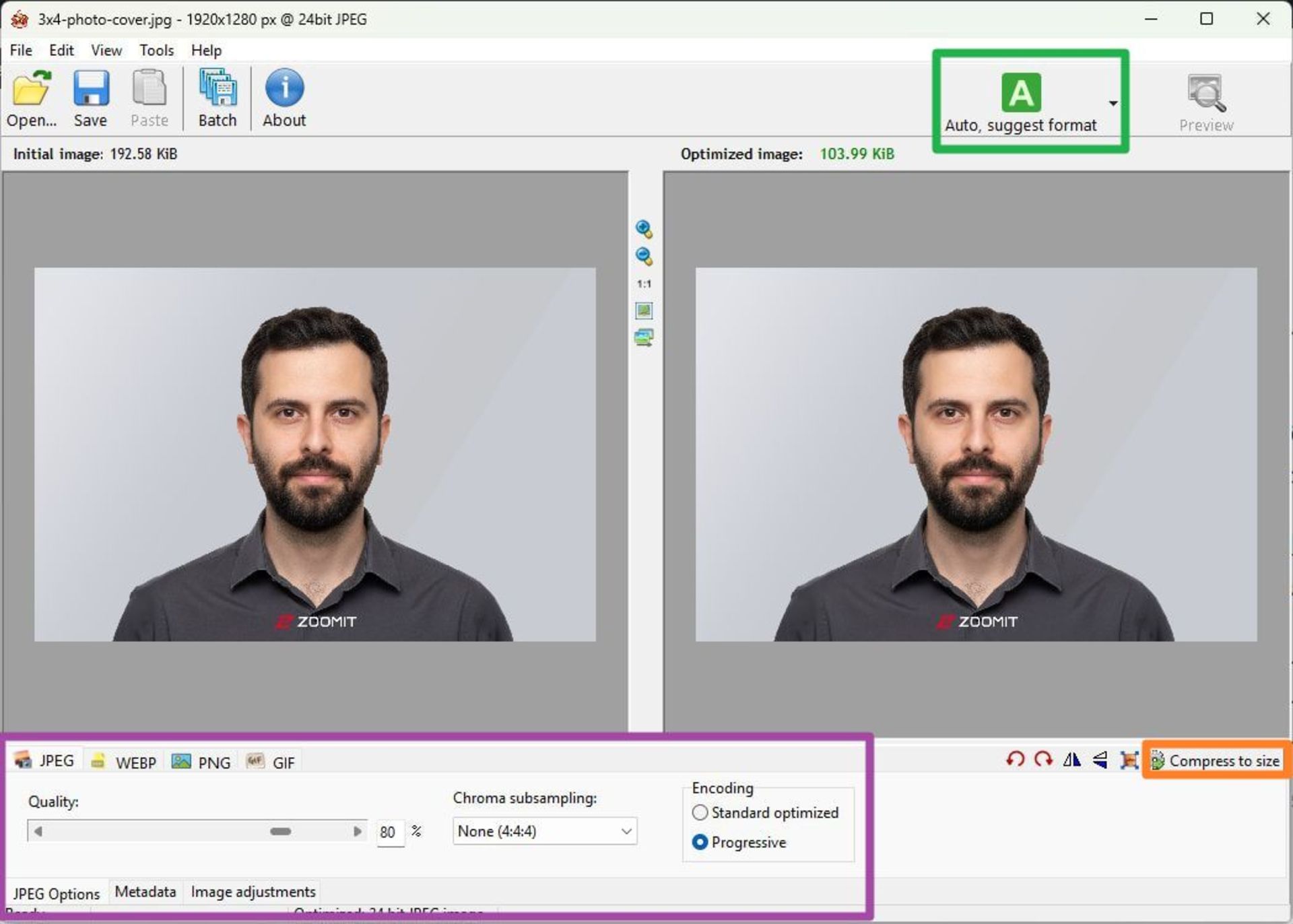 رابط کاربری نرم‌افزار RIOT در ویندوز برای فشرده‌سازی تصاویر