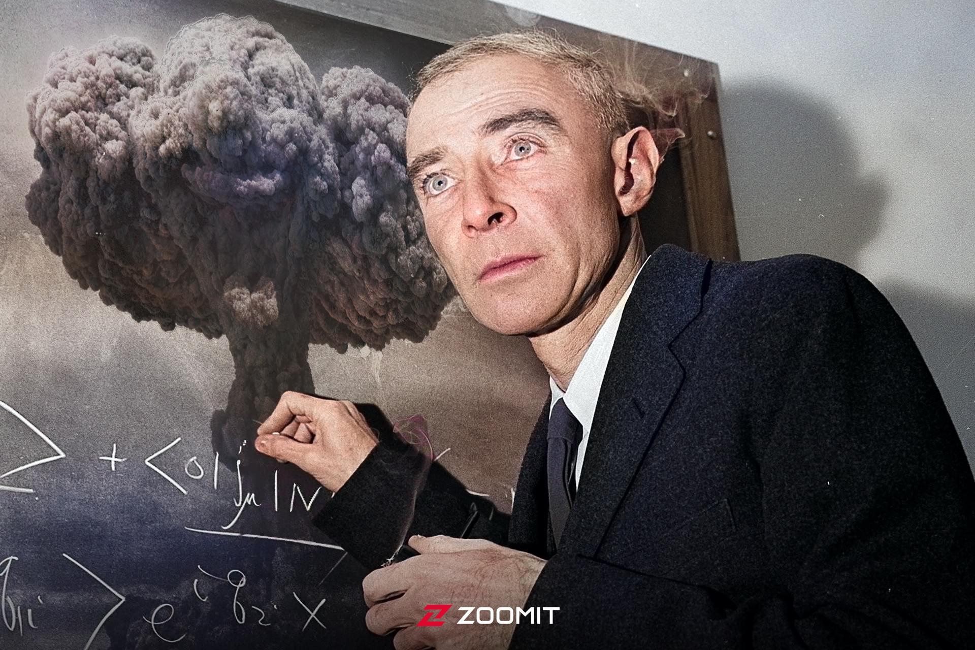 رابرت اوپنهایمر در کنار تصویر انفجار هسته‌ای