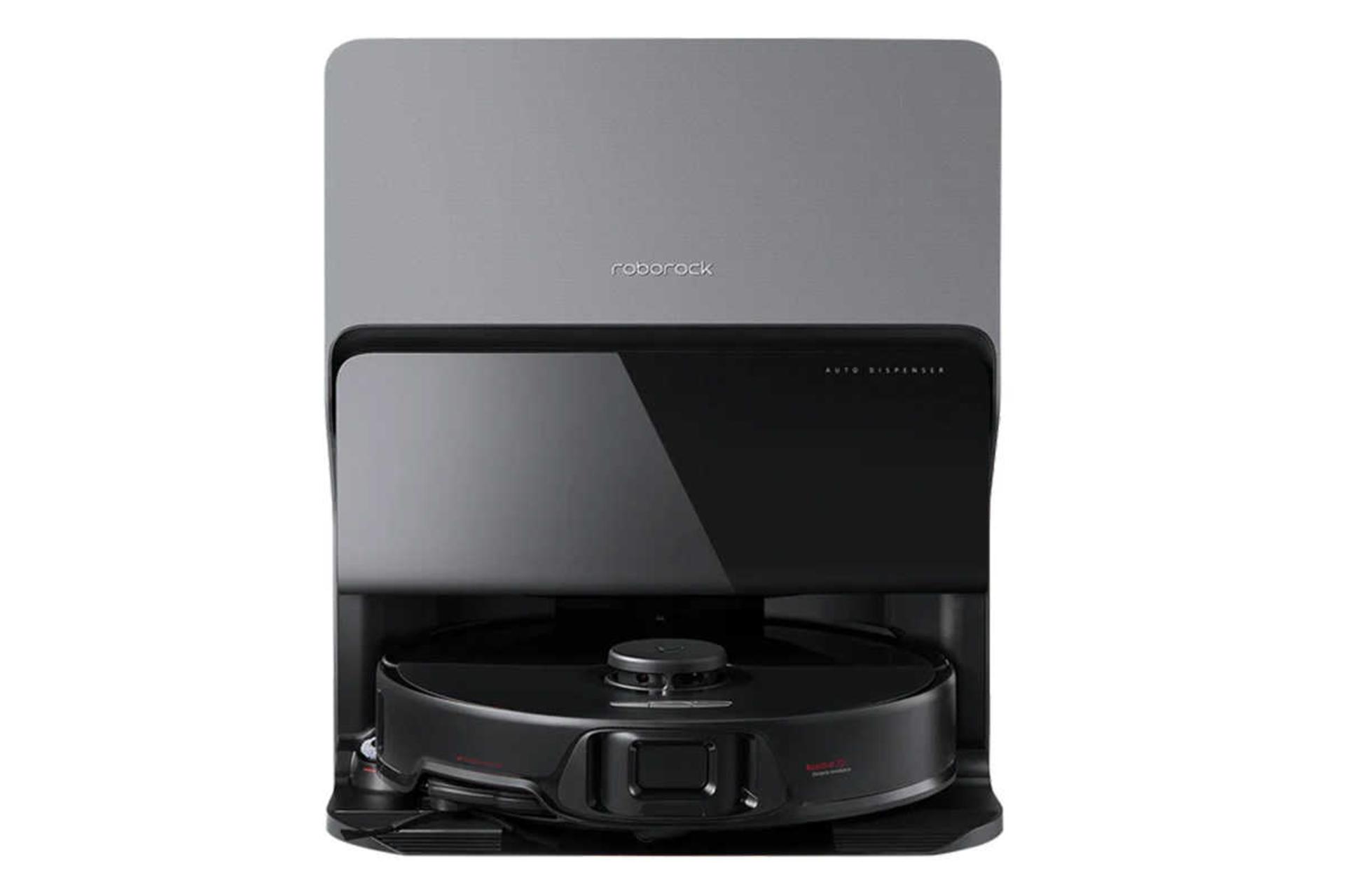 نمای جلوی جارو رباتیک روبوراک S8 Max Ultra به همراه مخزن تخلیه زباله رنگ مشکی