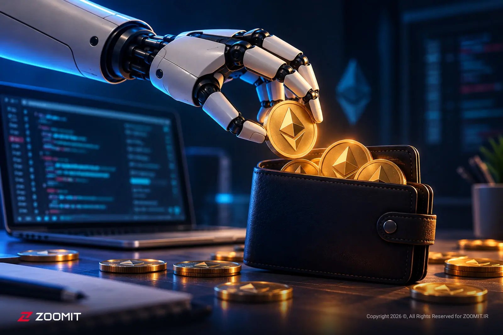 دست رباتیک در حال قرار دادن سکه‌های اتریوم (Ethereum) درون کیف پول دیجیتال
