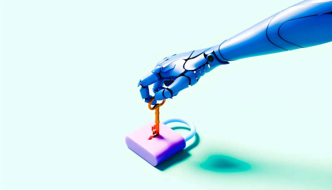دست رباتیک (Robotic Hand) در حال باز کردن قفل با کلید طلایی