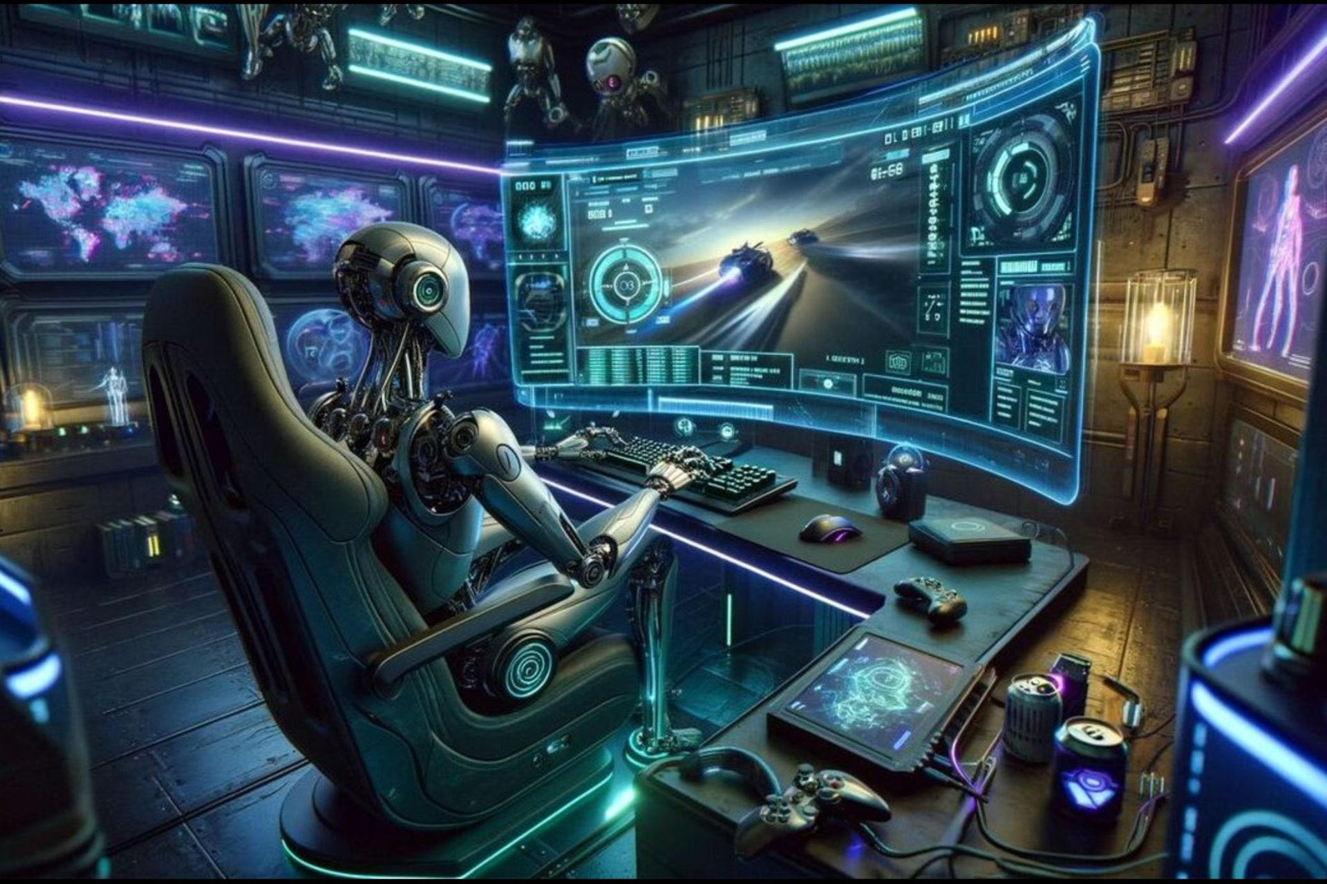 تصویری ساخته شده توسط ChatGPT که آینده‌ای را نشان می‌دهد که در آن رباتی مشغول به انجام یک بازی ویدئویی است