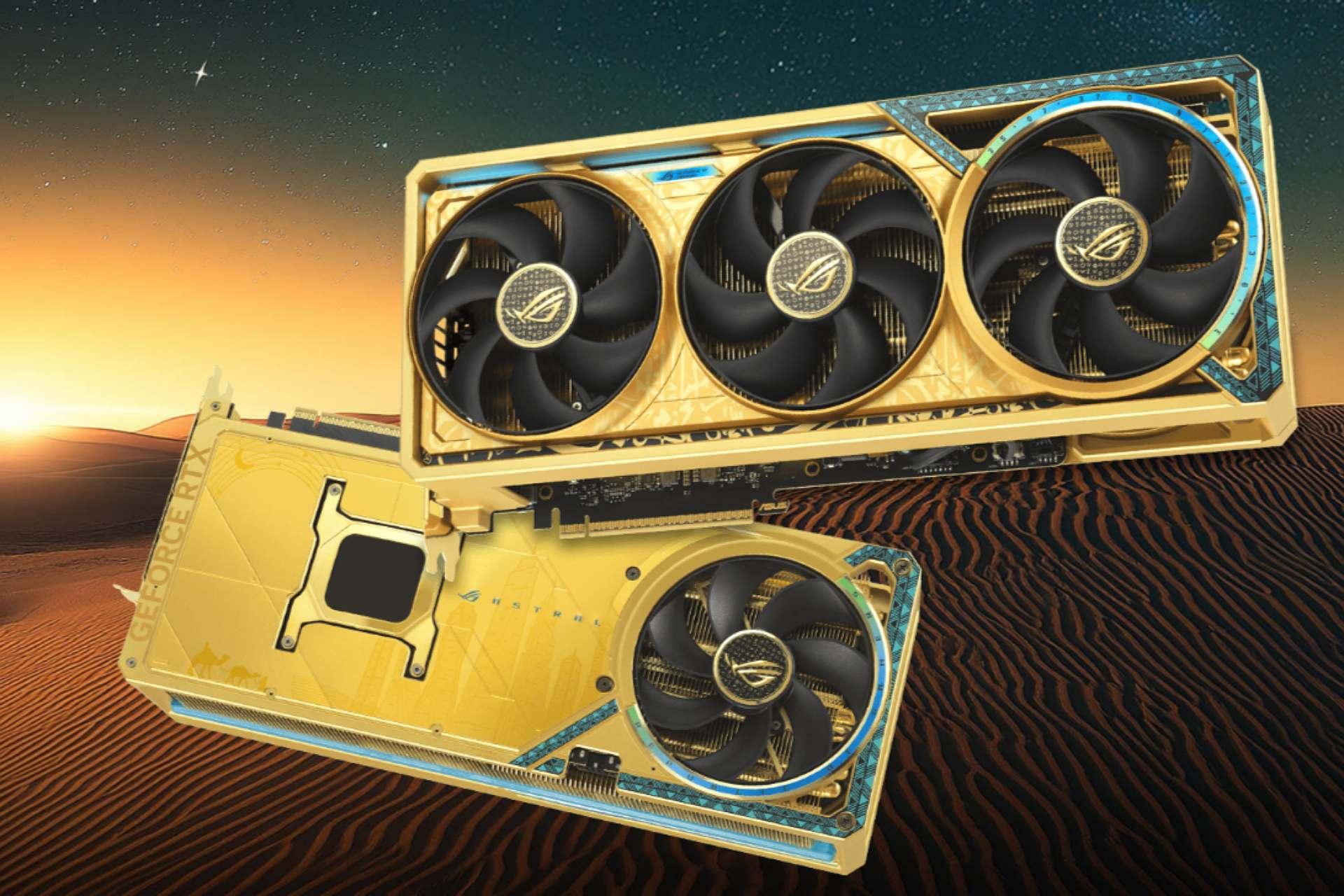کارت گرافیک Asus ROG Astral GeForce RTX 5090 Dhahab OC Edition معلق در هوا و در بیابان