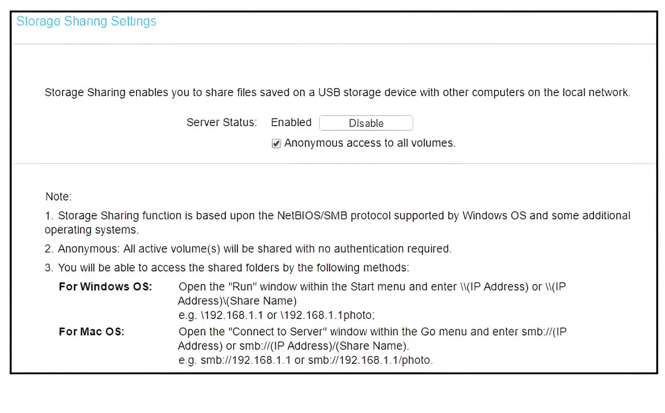 پنل تنظیمات Storage Sharing برای اشتراک‌گذاری فایل‌های ذخیره شده در USB