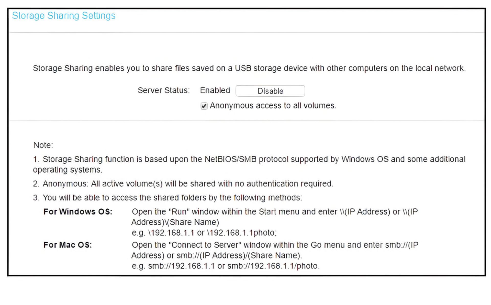 پنل تنظیمات Storage Sharing برای اشتراک‌گذاری فایل‌های ذخیره شده در USB