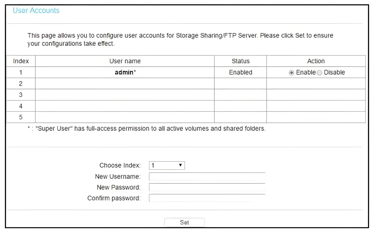 پنل مدیریت حساب‌های کاربری (User Accounts) برای تنظیمات سرور ذخیره‌سازی و FTP