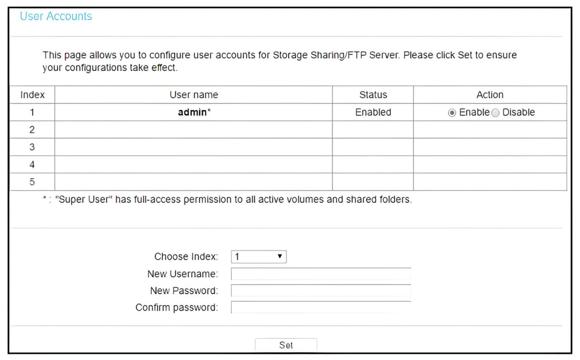 پنل مدیریت حساب‌های کاربری (User Accounts) برای تنظیمات سرور ذخیره‌سازی و FTP
