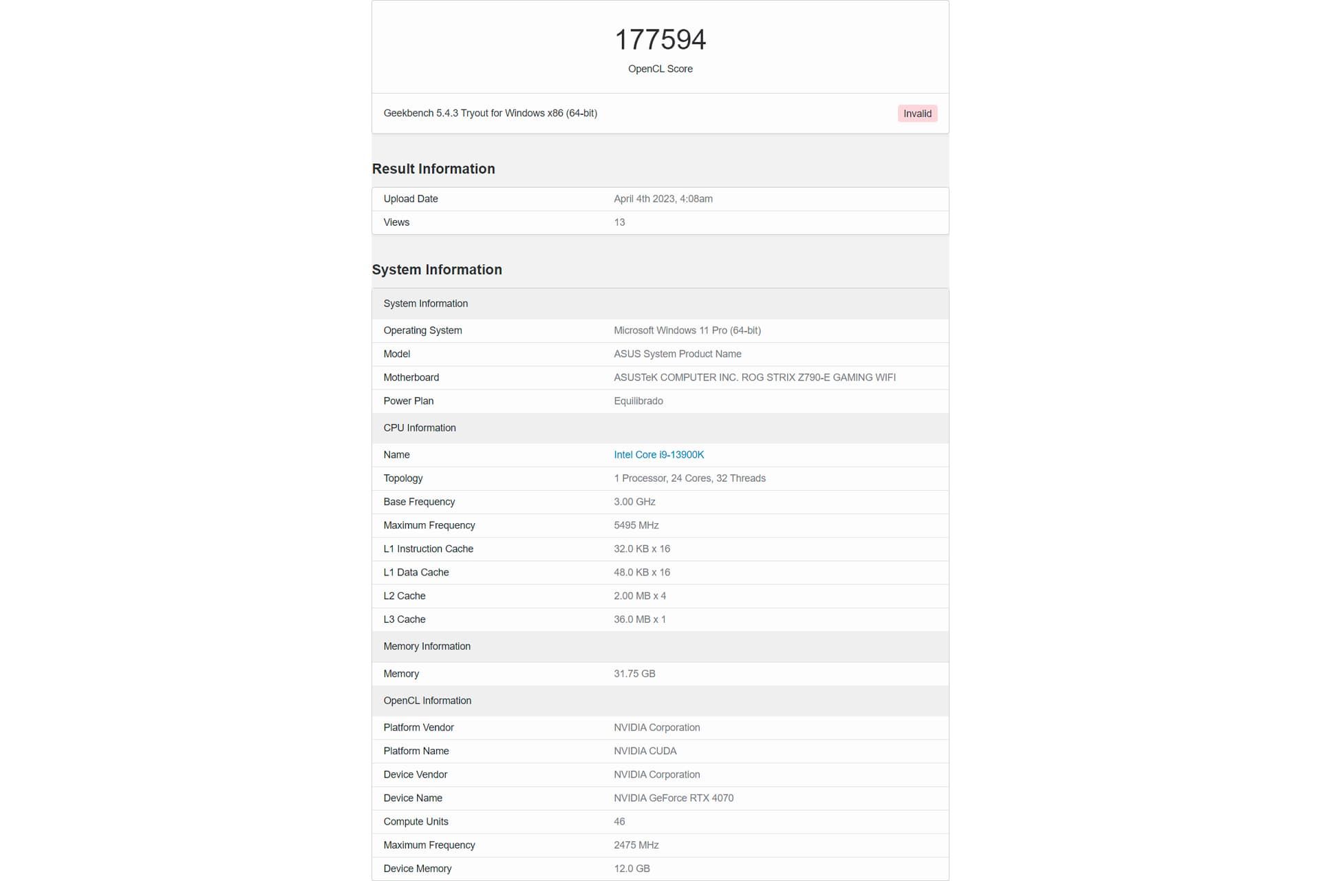 امتیاز گیک بنچ RTX 4070 انویدیا