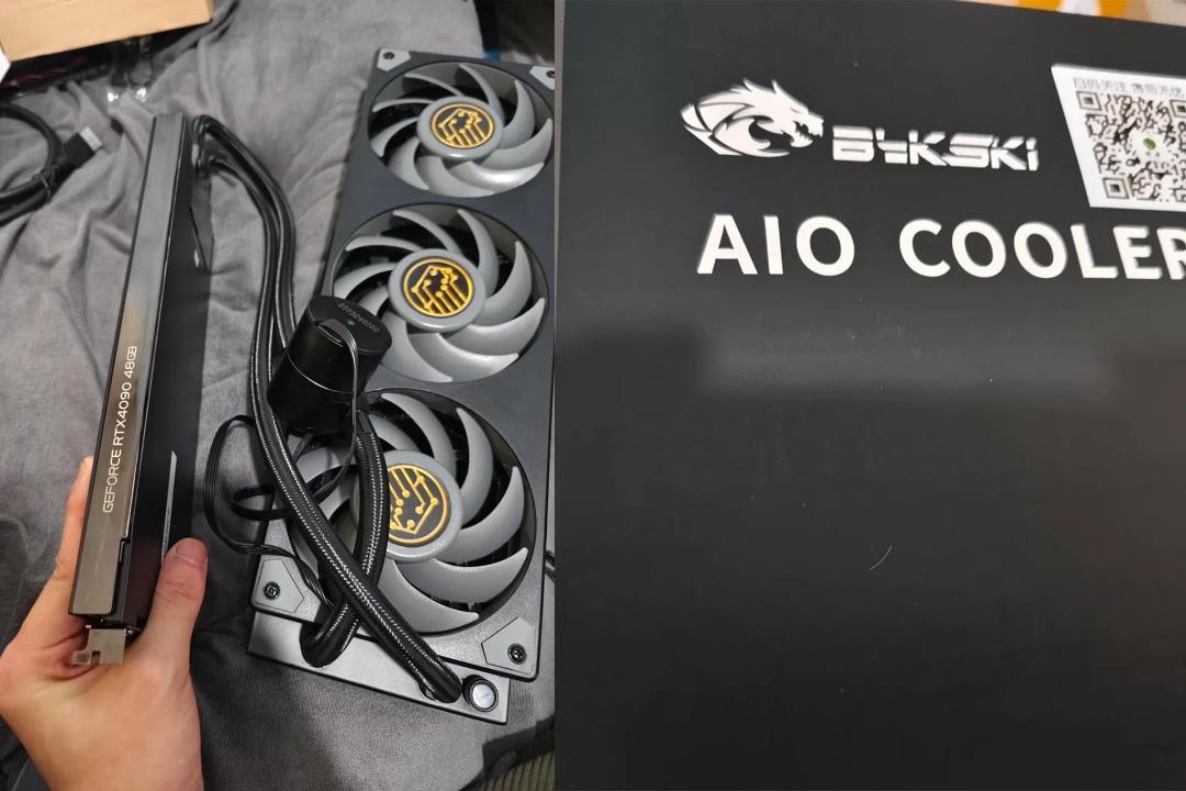 کارت گرافیک RTX 4090 و خنک‌کننده‌ی آن در دست یک شخص