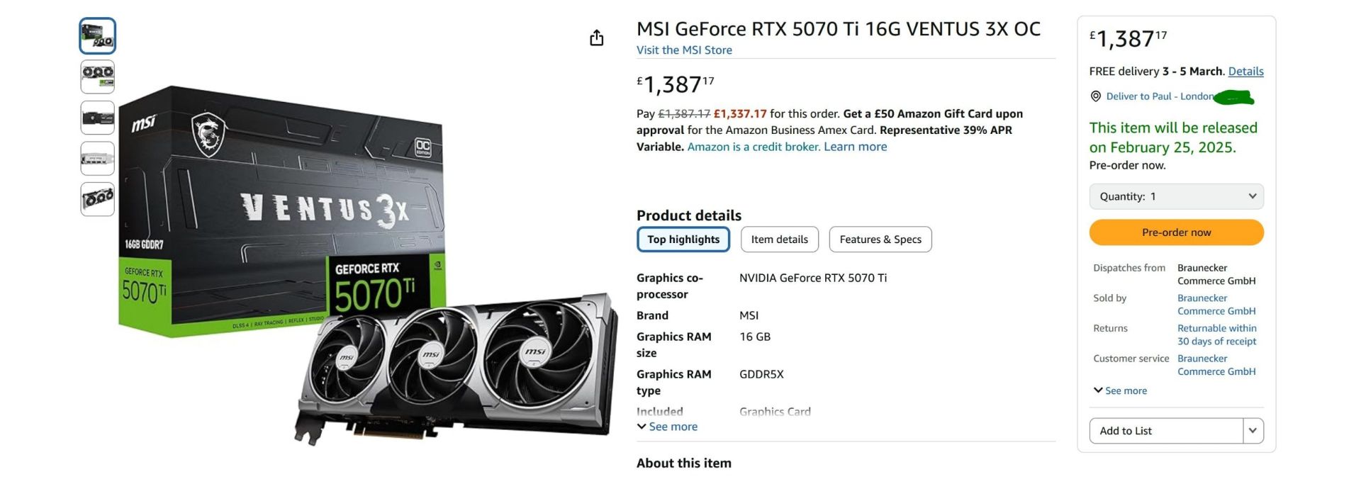 قیمت گرافیک RTX 5070 Ti در سایت آمازون