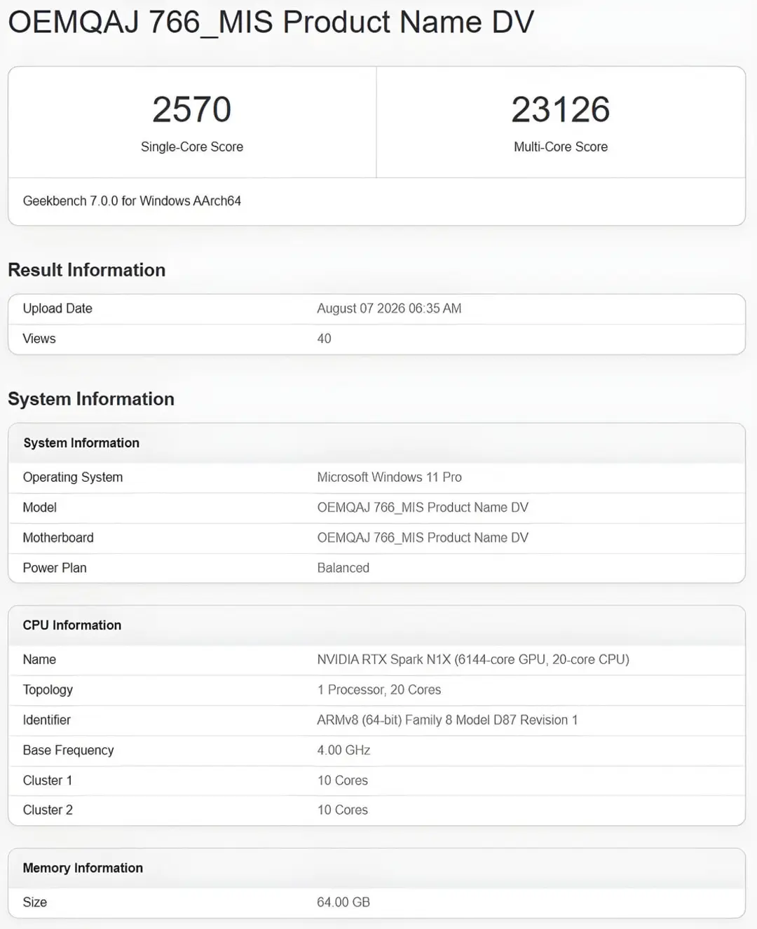 نتایج بنچمارک گیک‌بنچ برای پردازنده انویدیا RTX Spark N1X