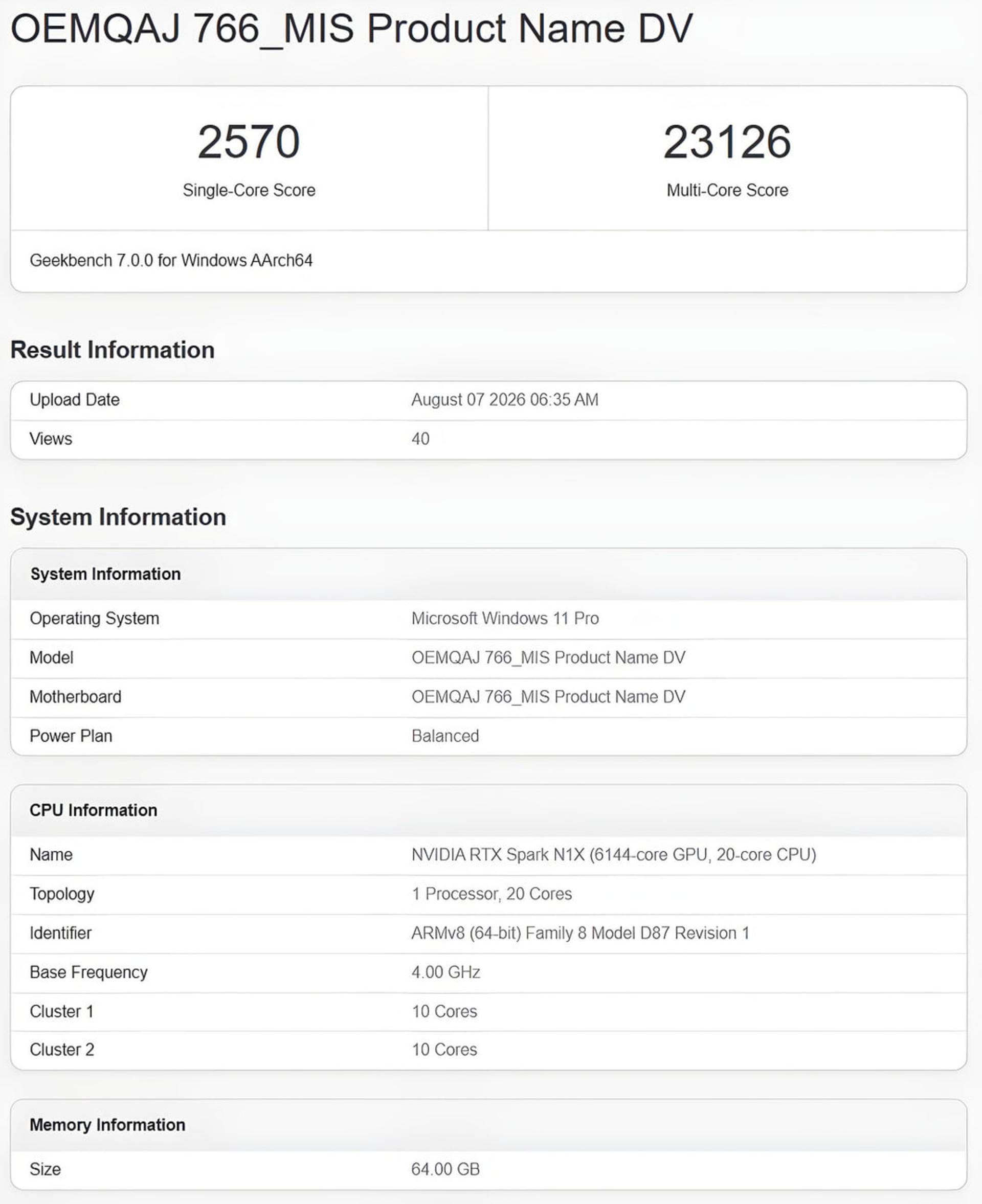نتایج بنچمارک گیک‌بنچ برای پردازنده انویدیا RTX Spark N1X