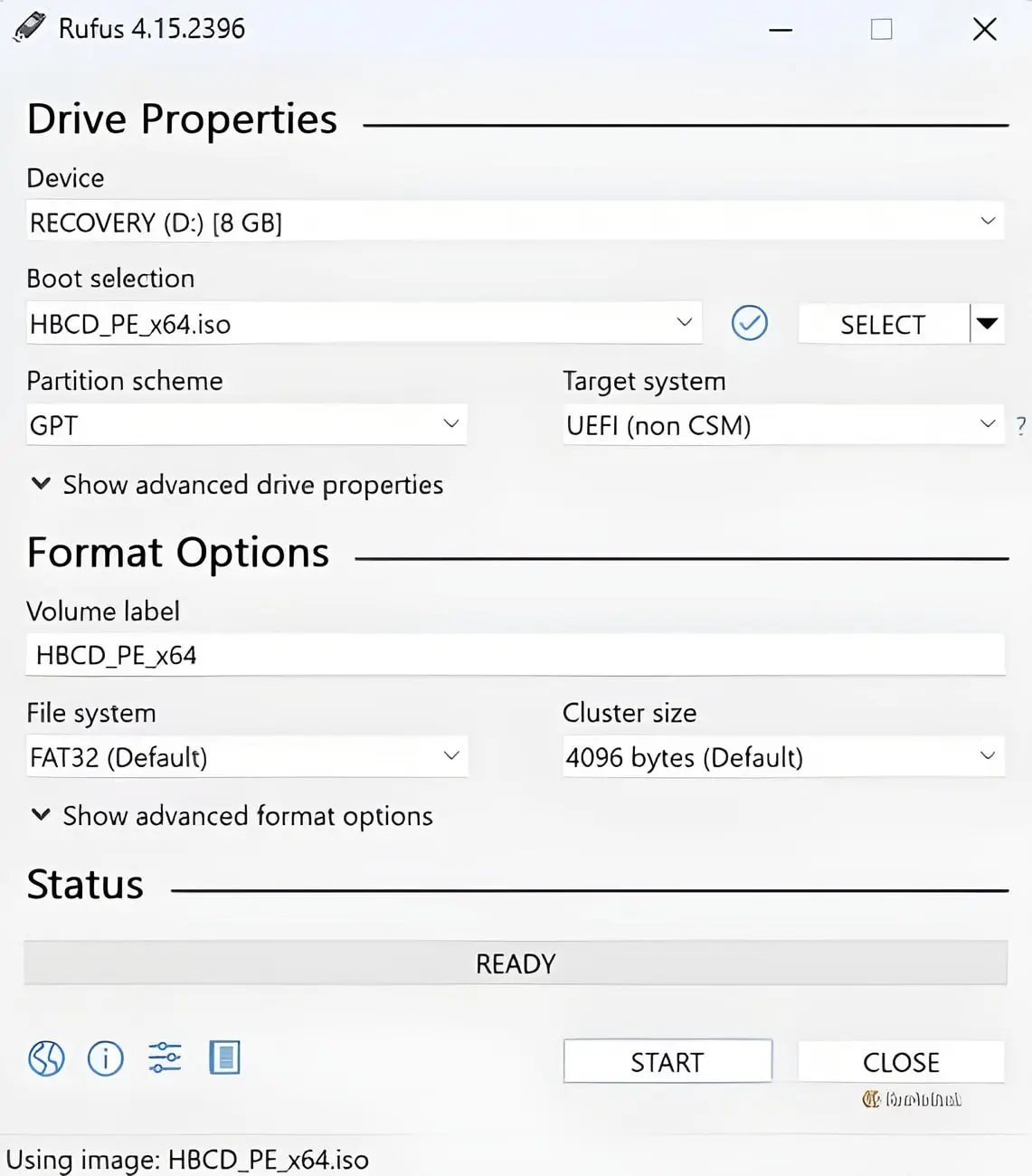 رابط کاربری نرم‌افزار Rufus برای ساخت فلش بوتیبل با فایل HBCD_PE_x64.iso