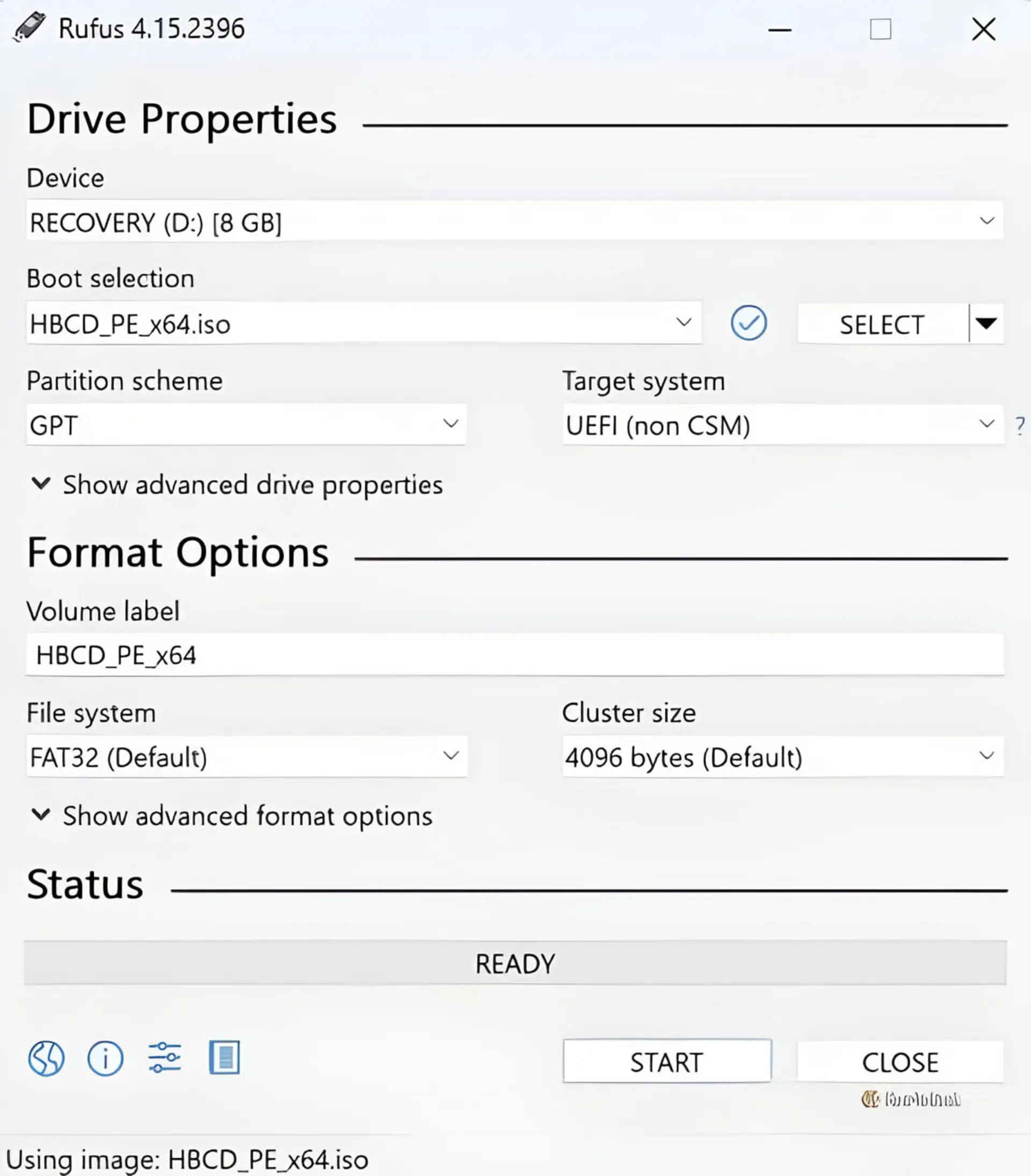رابط کاربری نرمافزار Rufus برای ساخت فلش بوتیبل با فایل HBCD_PE_x64.iso