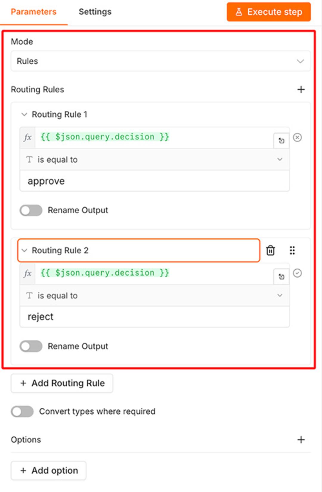 تنظیم rules در پارامترهای نود Switch در n8n