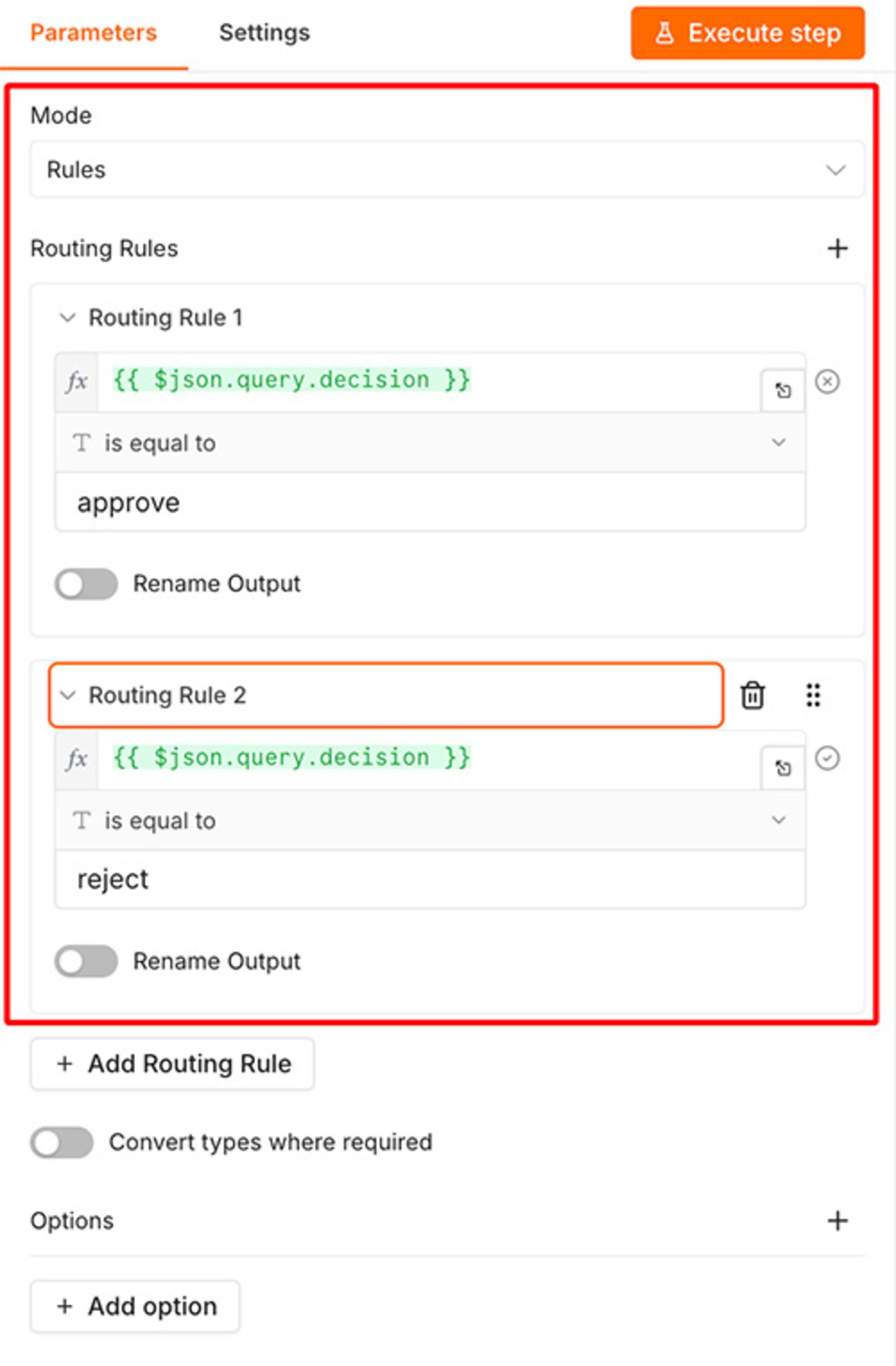 تنظیم rules در پارامترهای نود Switch در n8n