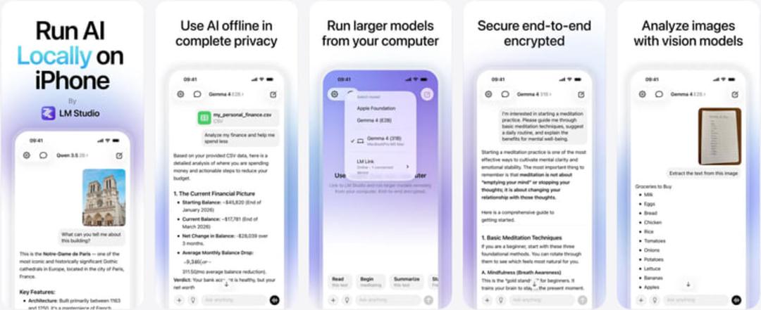 رابط کاربری اپلیکیشن LM Studio برای اجرای مدل‌های هوش مصنوعی روی آیفون (iPhone)