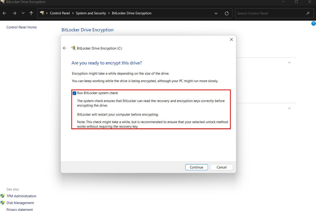 پنجره BitLocker Drive Encription